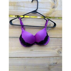 Victoria's Secret Miraculous Plunge Bra Purple Black Lace Push Up Bombshell 32B